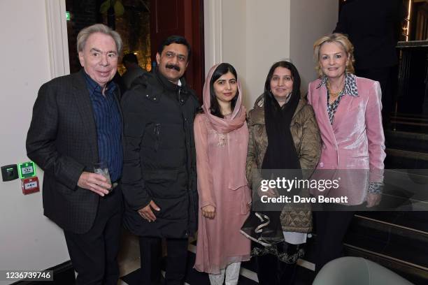 Lord Andrew Lloyd Webber, Ziauddin Yousafzai, Malala Yousafzai, Toor Pekai Yousafzai and Lady Madeleine Lloyd Webber attend the after party for...