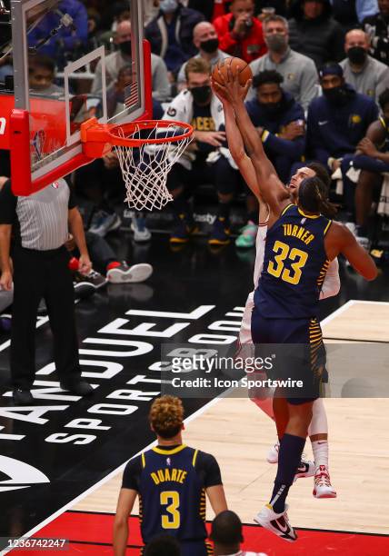 Indiana Pacers Center Myles Turner blocks Chicago Bulls Guard Zach LaVine shot during a NBA game between the Indiana Pacers and the Chicago Bulls on...