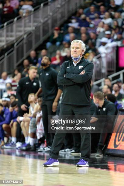 Kansas State Wildcats head coach Bruce Weber watches the game against the Arkansas Razorbacks on November 22nd, 2021 at T Mobile Center in Kansas...