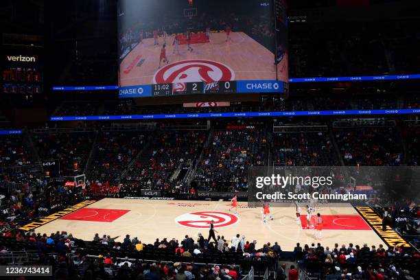 An overall view of State Farm Arena during the game between the Oklahoma City Thunder and the Atlanta Hawks on November 22, 2021 at State Farm Arena...