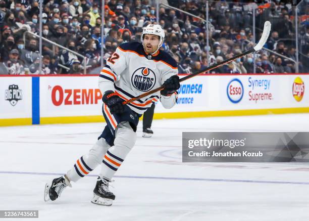 Brendan Perlini of the Edmonton Oilers keeps an eye on the play during first period action against the Winnipeg Jets at Canada Life Centre on...