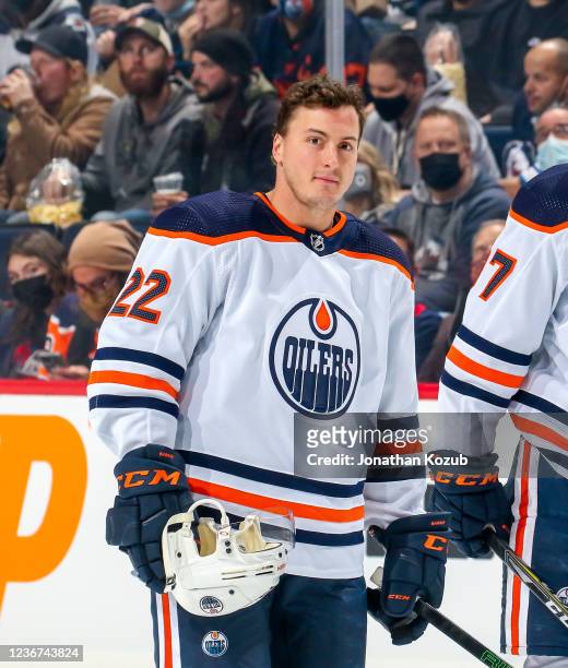 Tyson Barrie of the Edmonton Oilers looks on prior to NHL action against the Winnipeg Jets at Canada Life Centre on November 16, 2021 in Winnipeg,...