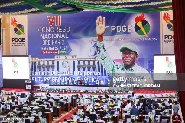 Attendees gather during the opening of the Democratic Party of Equatorial Guinea congress at the congress hall in Bata, Equatorial Guinea, on...