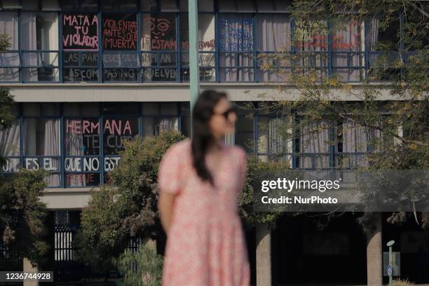 Student outside the Faculty of Philosophy and Letters in front of windows with slogans against male violence at the National Autonomous University of...