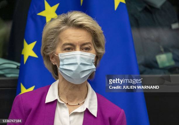 European Commission President Ursula von der Leyen arrives for the Meeting of the College of Commissioners at the European Parliament in Strasbourg,...