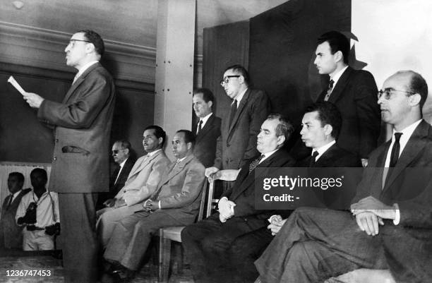 The President of the GPRA Algerian leader Ferhat Abbas makes known the FLN's response to General de Gaulle's plan during a press conference given in...