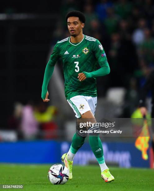 Antrim , United Kingdom - 15 November 2021; Jamal Lewis of Northern Ireland during the FIFA World Cup 2022 Qualifier match between Northern Ireland...