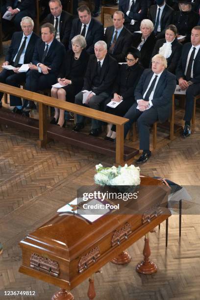 Politicians, from left front, row former Prime Ministers Sir John Major, David Cameron and Theresa May, Speaker of the House of Commons Sir Lindsay...