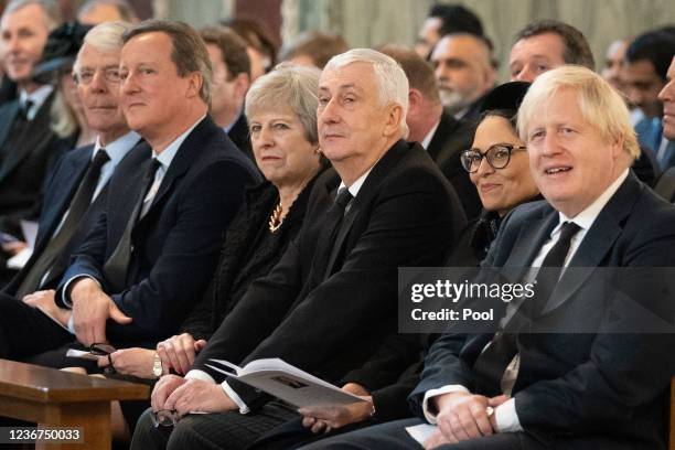 Politicians, from left, former Prime Ministers Sir John Major, David Cameron and Theresa May, Speaker of the House of Commons Sir Lindsay Hoyle, Home...