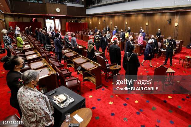 Canadian Governor General Mary May Simon arrives at the Senate chamber in Ottawa, Ontario November 23, 2021. - Canadian Prime Minister Justin...