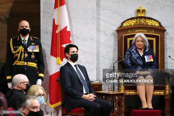 Governor General Mary Simon delivers the Throne Speech as Canadian Prime Minister Justin Trudeau looks on in the Senate of Canada in Ottawa, Ontario...