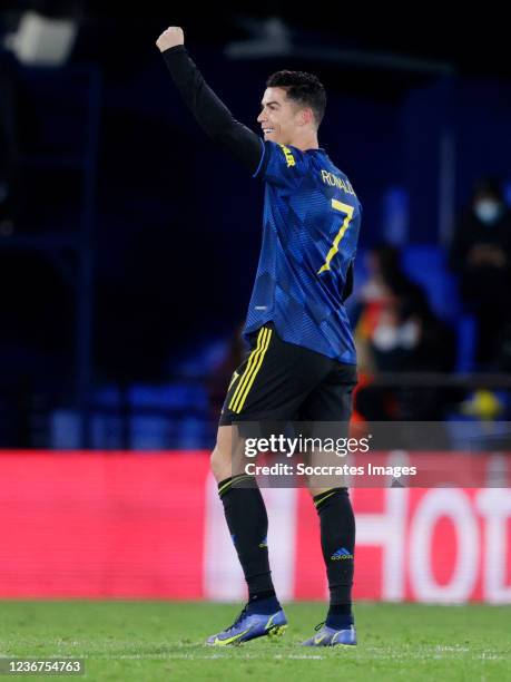 Cristiano Ronaldo of Manchester United celebrates 0-1 during the UEFA Champions League match between Villarreal v Manchester United at the Estadio de...