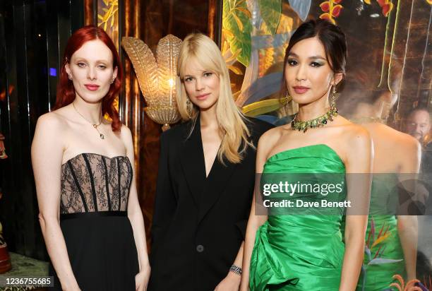 Karen Elson, Nadine Leopold and Gemma Chan attend the Annabel's x Swarovski Holiday façade unveiling party in the nightclub at Annabels on November...