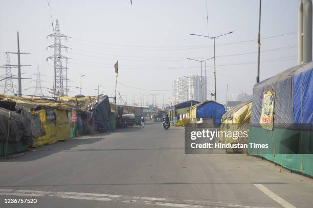 Deserted view of the Ghazipur farmer protest site on November 23, 2021 near Ghaziabad, India. The number of farmers protesting at Delhi's Ghazipur...