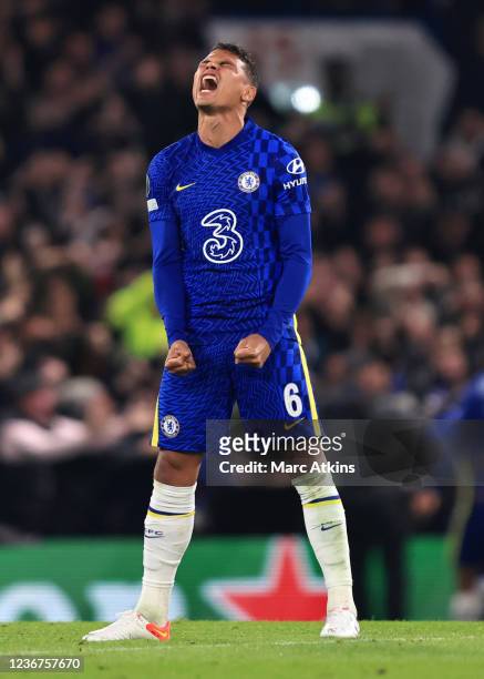 Thiago Silva of Chelsea celebrates their 2nd goal during the UEFA Champions League group H match between Chelsea FC and Juventus at Stamford Bridge...