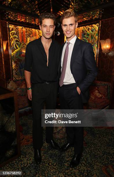 Francisco Lachowski and Samuel Harwood attend the Annabel's x Swarovski Holiday façade unveiling party in the nightclub at Annabels on November 23,...