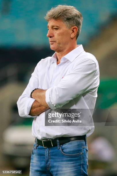 Renato Portaluppi head Coach of Flamengo looks on during the match between Gremio and Flamengo as part of Brasileirao Series A at Arena do Gremio on...