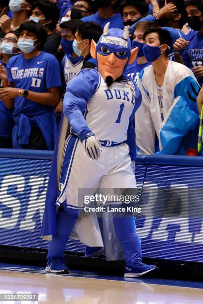 The mascot of the Duke Blue Devils looks on against the Citadel Bulldogs at Cameron Indoor Stadium on November 22, 2021 in Durham, North Carolina....