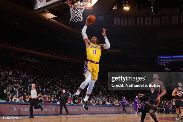 Russell Westbrook of the Los Angeles Lakers dunks the ball against the New York Knicks on November 23, 2021 at Madison Square Garden in New York...