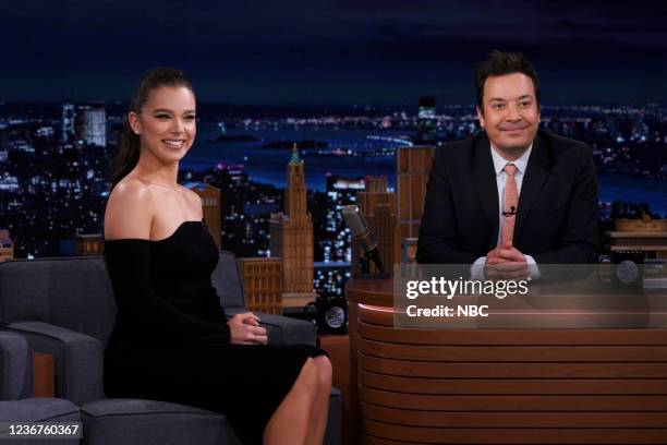 Episode 1557 -- Pictured: Actress Hailee Steinfeld during an interview with host Jimmy Fallon on Tuesday, November 23, 2021 --