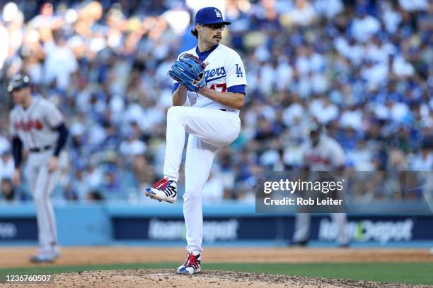 Joe Kelly of the Los Angeles Dodgers pitches during Game 3 of the NLCS between the Atlanta Braves and the Los Angeles Dodgers at Dodgers Stadium on...