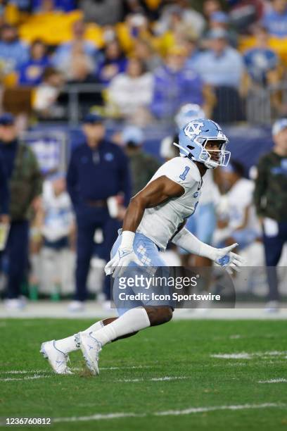 North Carolina Tar Heels defensive back Kyler McMichael pursues a play on defense during a college football game against the Pittsburgh Panthers on...