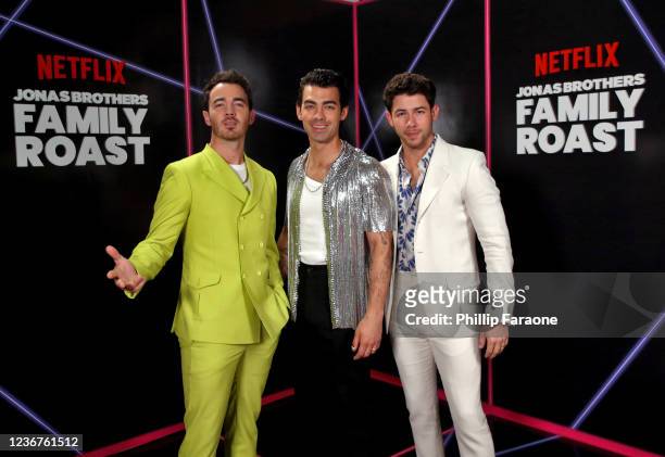 In this image released on November 23 Kevin Jonas, Joe Jonas and Nick Jonas attend the Jonas Brothers Family Roast Netflix Comedy Special Taping at...