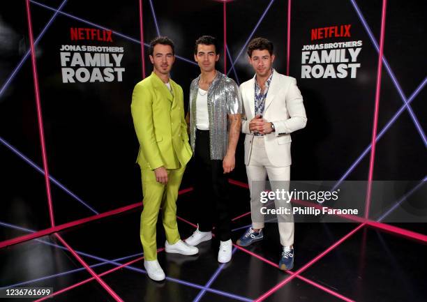 In this image released on November 23 Kevin Jonas, Joe Jonas and Nick Jonas attend the Jonas Brothers Family Roast Netflix Comedy Special Taping at...