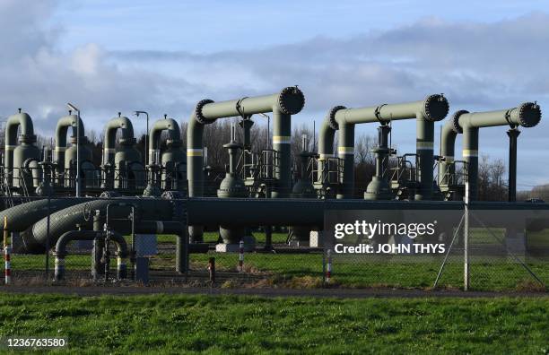 This picture, taken on November 23 shows pipes belonging to a gas extraction facility near Garelsweerd, in the Northern Dutch province of Groningen,...