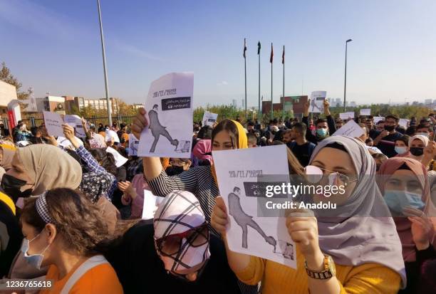 Students stage a protest outside University of Sulaimani in Sulaymaniyah, Iraq on November 24, 2021. Students protested the ignorance of requests...