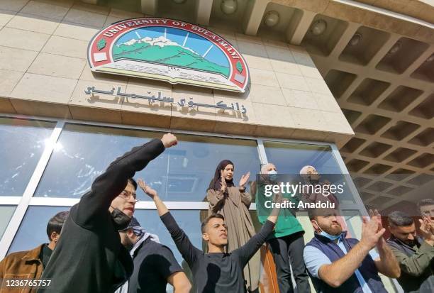 Students stage a protest outside University of Sulaimani in Sulaymaniyah, Iraq on November 24, 2021. Students protested the ignorance of requests...