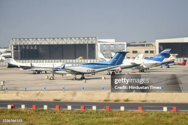 Aircrafts seen at a parking bay in Terminal 3 of Indira Gandhi International Airport on November 23, 2021 in New Delhi, India.