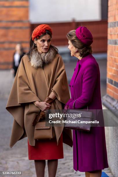 Queen Letizia of Spain visits the Royal Stable and is greeted by Queen Silvia of Sweden on November 24, 2021 in Stockholm, Sweden.