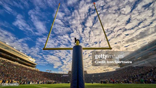 General view of Notre Dame Stadium is seen with a detail view of a goal post during a game between the Notre Dame Fighting Irish and the Georgia Tech...