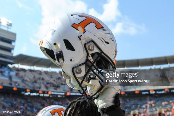 Tennessee Volunteers player holds up a helmet after a game between the Tennessee Volunteers and the South Carolina Gamecocks on October 9 at Neyland...