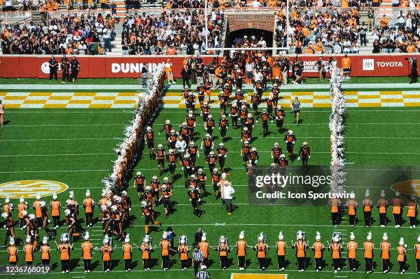Nov 21, 2021; Knoxville, Tennessee, USA; Tennessee Volunteers run through the Power T in a game between the Tennessee Volunteers and the South...