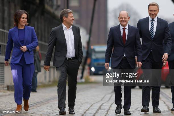 Christian Lindner, leader of the German Free Democrats , Olaf Scholz, SPD member and likely next German chancellor, Annalene Baerbock and Robert...