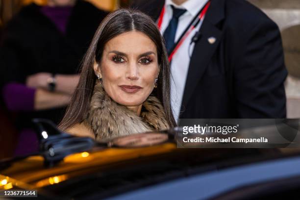 Queen Letizia of Spain leaving the Nobel Museum after seeing a special exhibition on Santiago Ramon y Cajal on November 24, 2021 in Stockholm, Sweden.