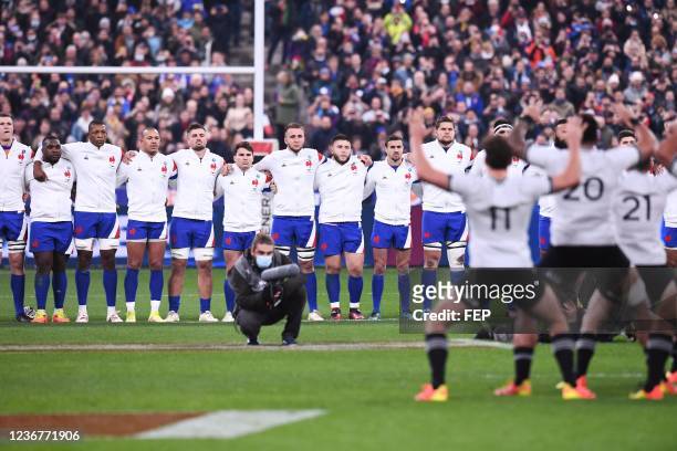 Team France looks Team of New Zealand All Blacks performing the HAKA during the Autumn Nations Series match between France and New Zealand on...