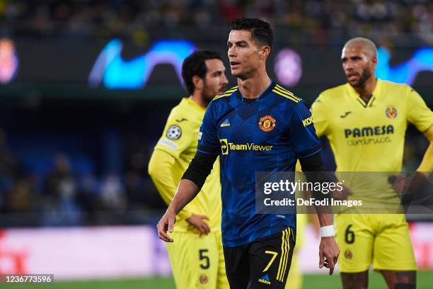 Cristiano Ronaldo of Manchester United looks on during the UEFA Champions League group F match between Villarreal CF and Manchester United at Estadio...