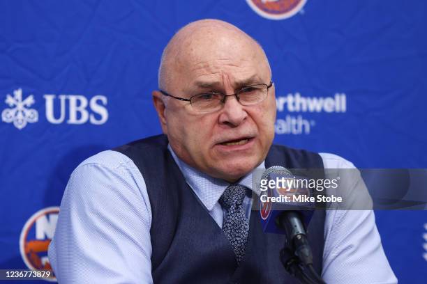 Head coach Barry Trotz of the New York Islanders speaks to the media following the game against the Calgary Flames at UBS Arena on November 20, 2021...