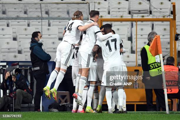 Besiktas celebrate Rachid Ghezzal of Besiktas JK's 1-0 win during the UEFA Champions League match between Besiktas JK and Ajax Amsterdam at Vodafone...