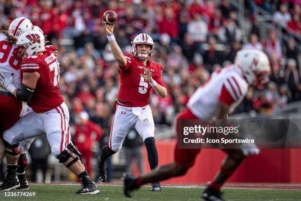 Wisconsin Badgers quarterback Graham Mertz throws a pass durning a college football game between the Nebraska Cornhuskers and the Wisconsin Badgers...