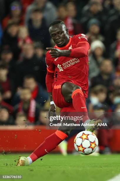 Sadio Mane of Liverpool scores a goal to make it 1-0 during the UEFA Champions League group B match between Liverpool FC and FC Porto at Anfield on...