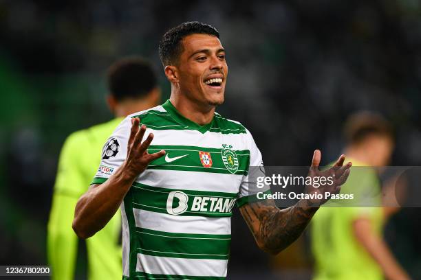 Pedro Porro of Sporting CP reacts during the UEFA Champions League group C match between Sporting CP and Borussia Dortmund at Estadio Jose Alvalade...