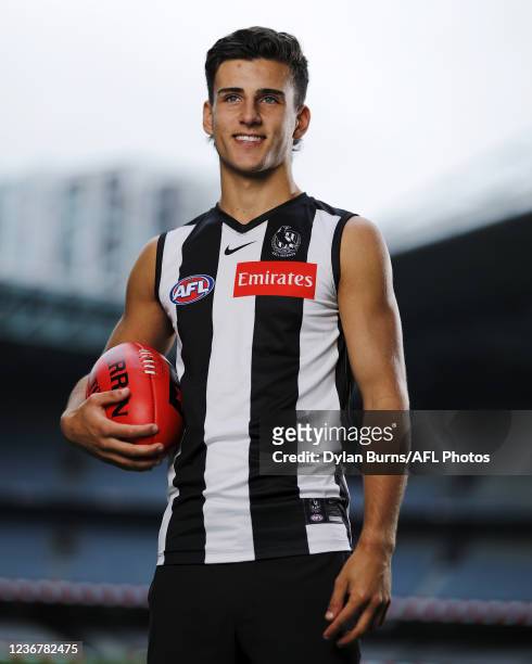 Nicholas Daicos of the Magpies poses for a photo during the NAB AFL Draft Media Opportunity at Marvel Stadium on November 25, 2021 in Melbourne,...