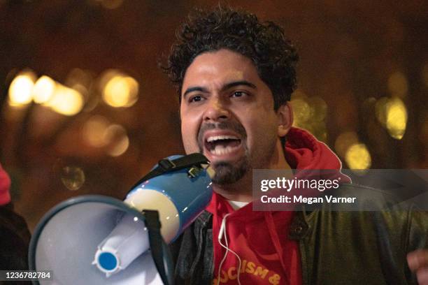 Vicente Contreras, a member of the Party for Socialism and Liberation, speaks at a demonstration following the guilty verdict for the defendants in...