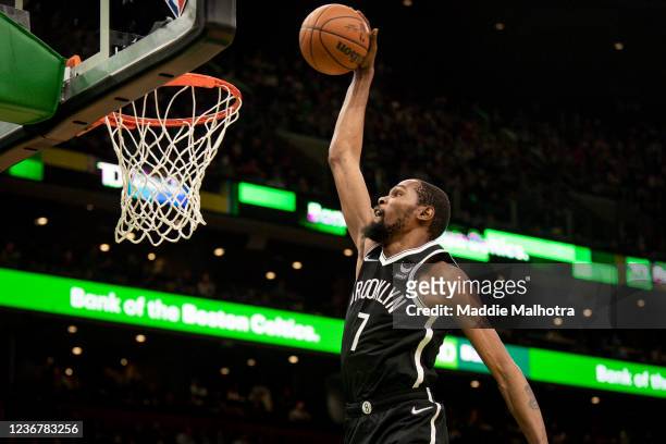 Kevin Durant of the Brooklyn Nets dunks the ball during the first half against the Boston Celtics at TD Garden on November 24, 2021 in Boston,...