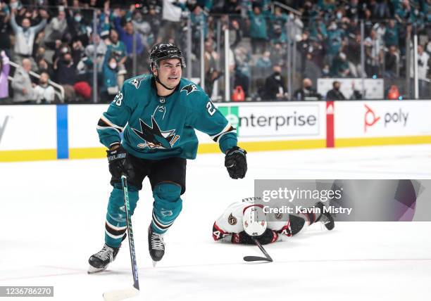 Timo Meier of the San Jose Sharks celebrates scoring a goal against the Ottawa Senators at SAP Center on November 24, 2021 in San Jose, California.