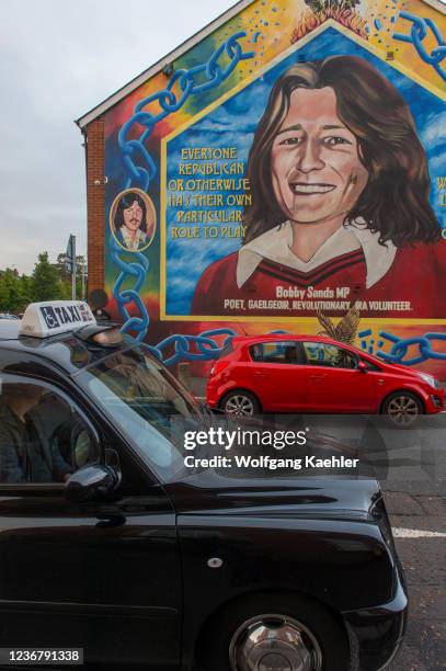 The Bobby Sans Mural on Sevastopol Street in Belfast, Northern Ireland, showing Bobby Sands, , who was an Irish volunteer for the Provisional Irish...